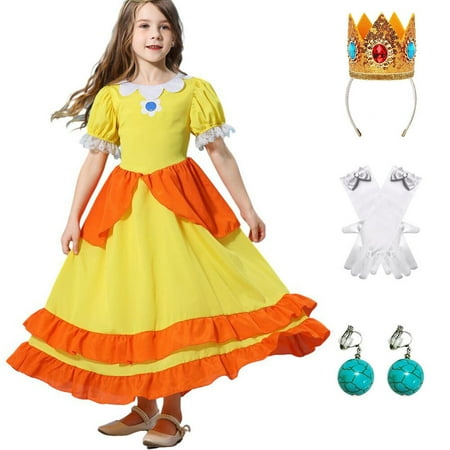 Girls Princess Peach Costume Dress Halloween Cosplay Dress Up with Accessories, Size for 2-9 year