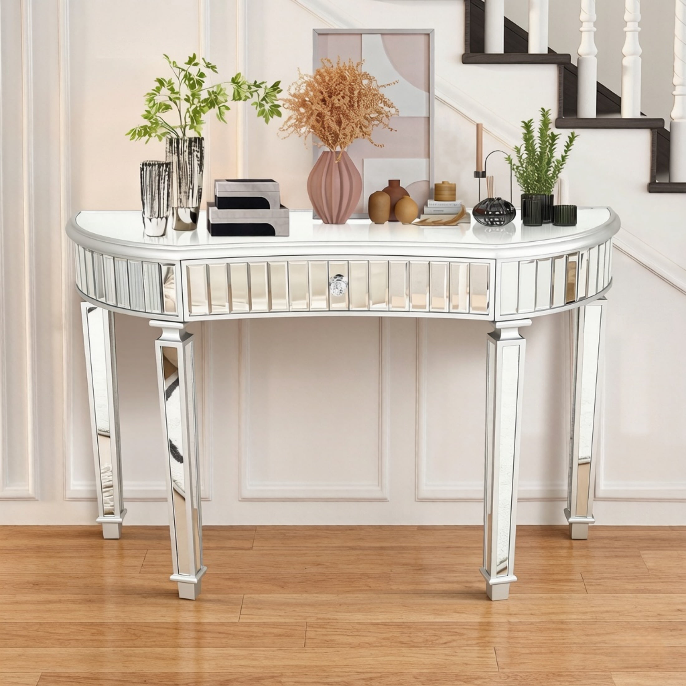 Curved Glass Console Table with Fluted & Crystal Knob Drawer, Mirrored Entryway Display Table, Multi-functional Vanity Desk