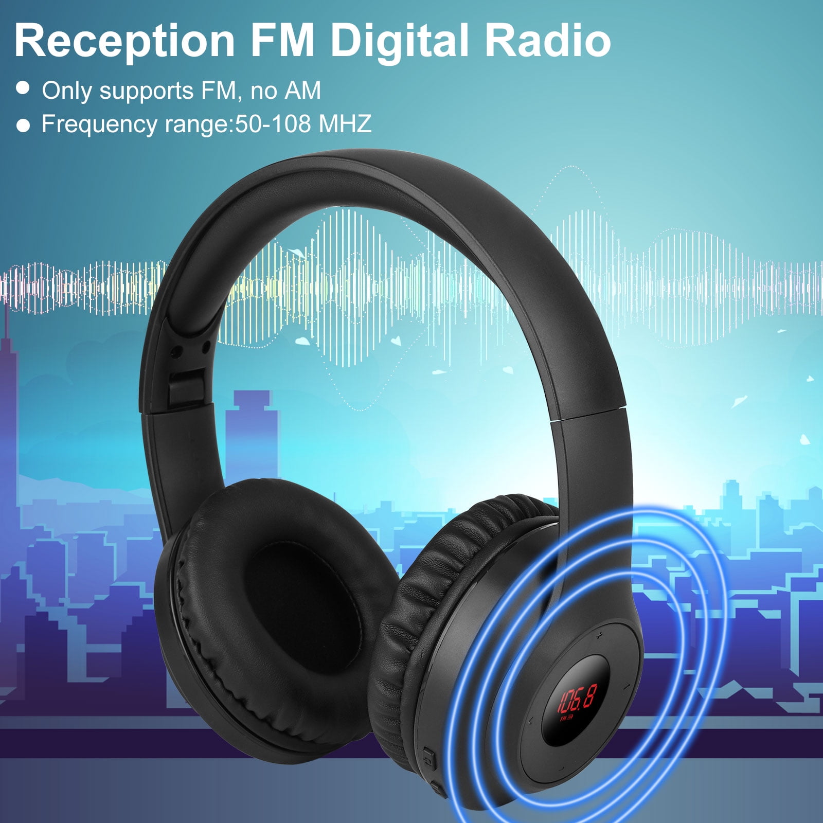 Wireless FM Headphones with Reception, Portable Digital FM Headset Ear Muffs for Walking, Jogging, Riding, and Mowing, Supports 3.5mm AUX Cable, Rechargeable Battery