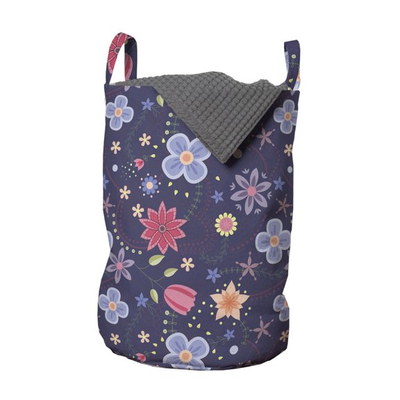 Spring Laundry Bag, Pastel Colorful Doodle Blossom Petals Flourish Herbs Daisy Petals Bouquets Pattern, Basket with Handles Drawstring Closure for Laundromats, 13" x 19", Multicolor, by Ambesonne