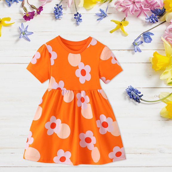 Huowey Toddler Kids Girls Summer Dresses Short Sleeve Crewneck Floral Print Pleated Casual Knee Length Comfortable A-Line Dress Lightweight Comfortable Loose Fit Clothes,A,3-4 Years