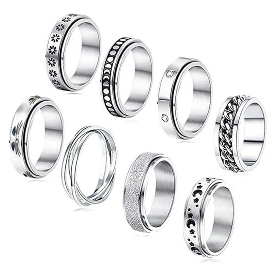 8 Pieces Stainless Steel Fidget Ring Swivel Ring Flower Moon Cool Anxiety Ring Stress Relief Wedding Promise Ring Set