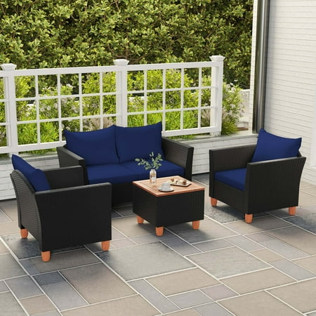 Costway 4 PCS Wicker Patio Furniture Set with Removable Cushions Storage Coffee Table - Navy,Black