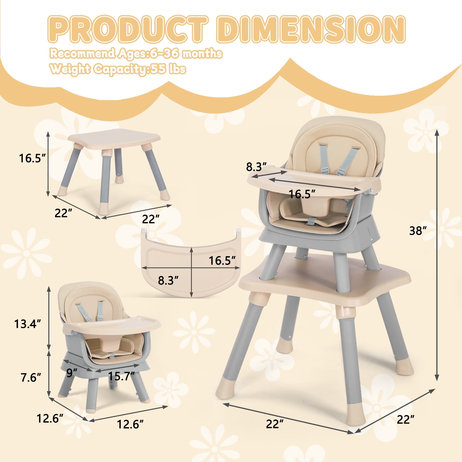 LINLUX 8 in 1 Convertible High Chair for Babies, Feeding Booster Seat for Toddlers, Coffee