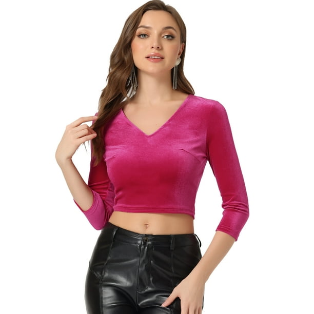 Blusa de terciopelo con cuello En V Allegra K para mujer Rosa Caliente S
