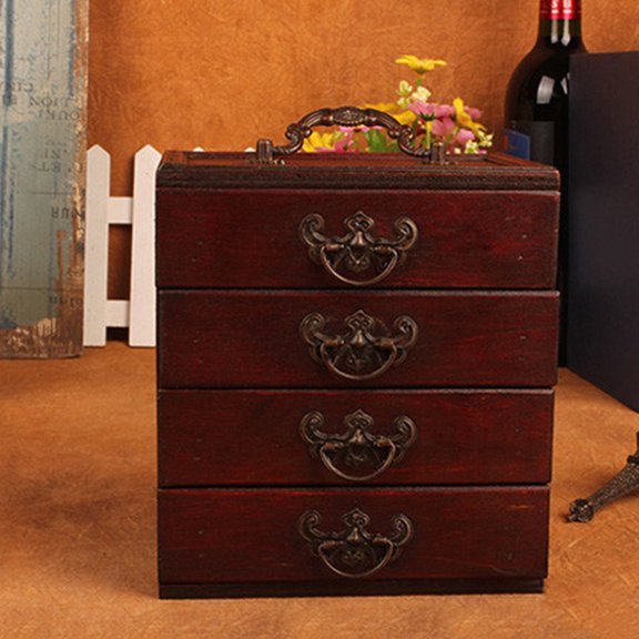 HONMEET Wooden Jewelry Box for Women, Antique Chinese Style Four-Drawer Dark Brown Wood Organizer