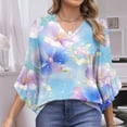 thumbnail image 2 of Women's Dressy Chiffon Blouse: Boho Floral Print 3/4 Petal Sleeve V-Neck Top - Business Casual Ruffled Office Shirt Spring Fall Workwear, 2 of 7