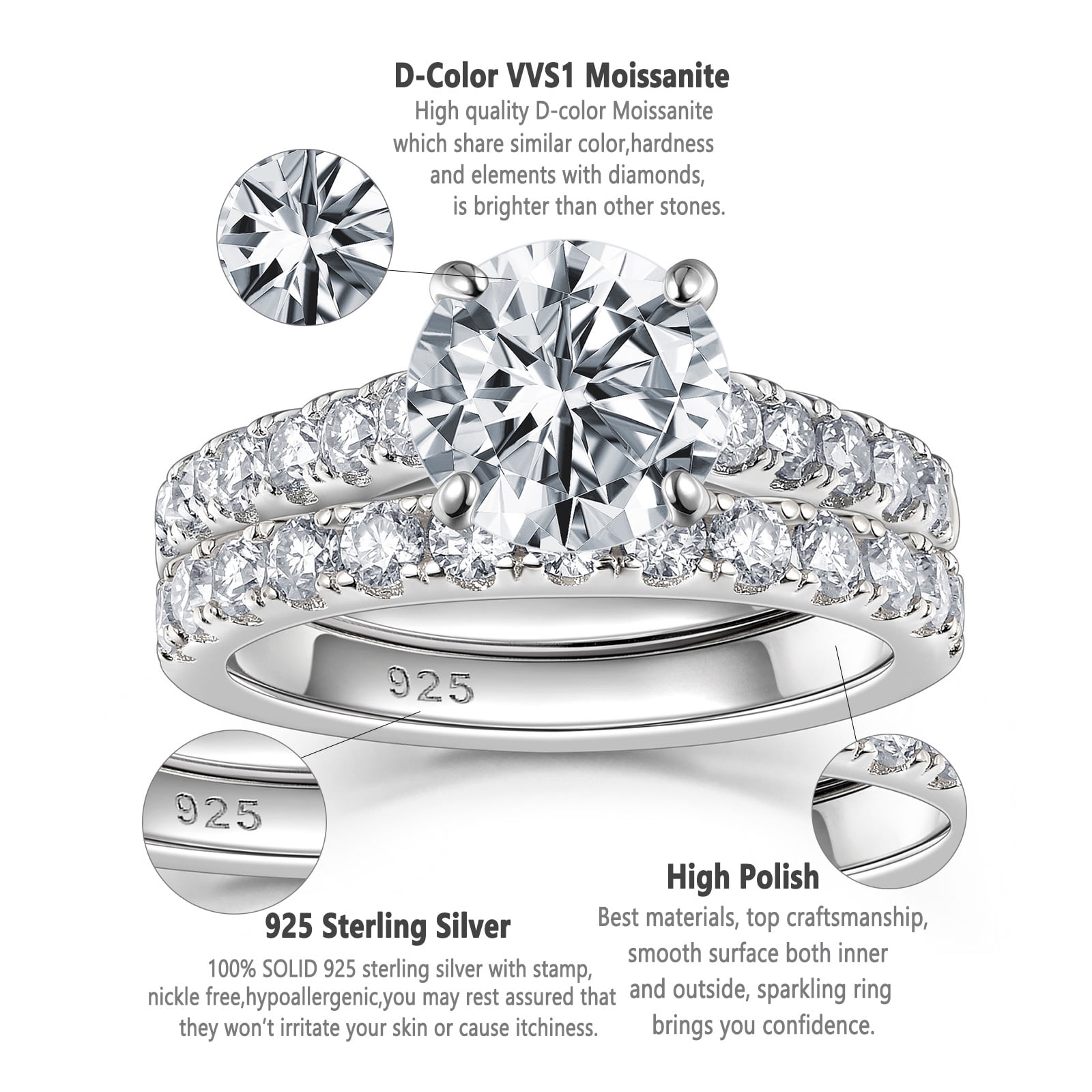 Newshe Jewellery 2ct Moissanite Wedding Ring Set Engagement Rings for Women 925 Sterling Sliver Round Cut Size 9