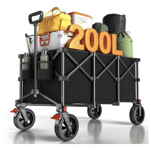 200L Collapsible Foldable Wagon, Large Heavy Duty Wagon Cart with 440lbs Weight Capacity, Folding Utility Wagon with Brake for Camping, Garden, Sports, Picnic, Shopping