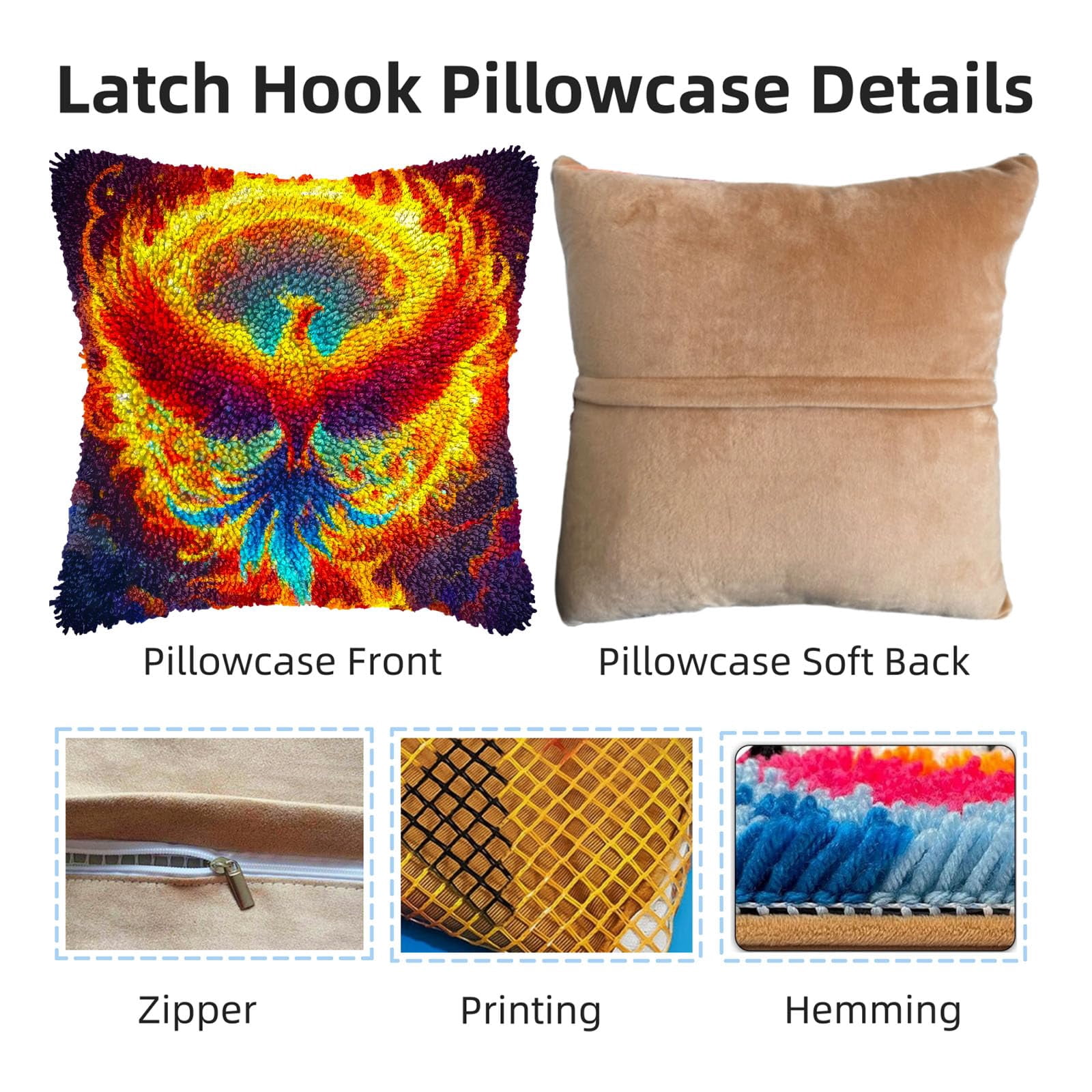 DIY Latch Hook Pillow Kits Phoenix Flying Colorful Flames Printed Pillowcase Crochet Yarns Hooking Handmade Pillow Cover Cushion for Home Sofa Decoration 17x17inch-2