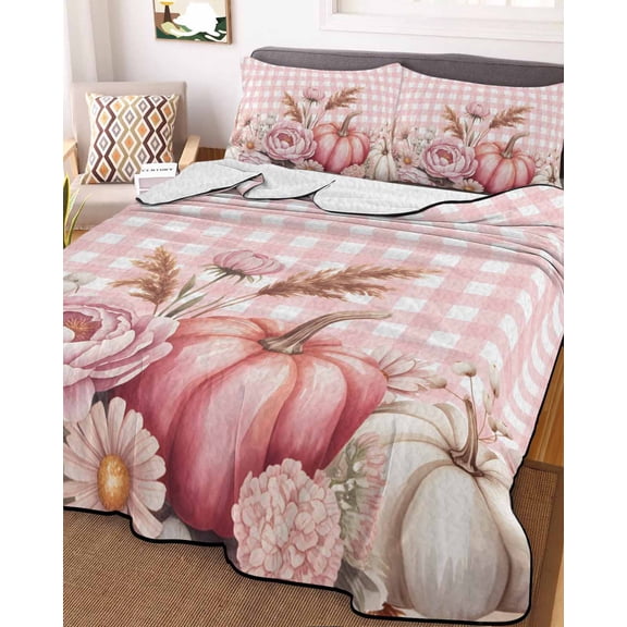 Pink Pumpkin Fall King Size Down Alternative Comforter, Lightweight Comforter Quilt Bedding Set with Pillow Shams Plaid Thanksgiving Botanical Floral Checkered Bed Comforter Duvet Insert 96"x106"