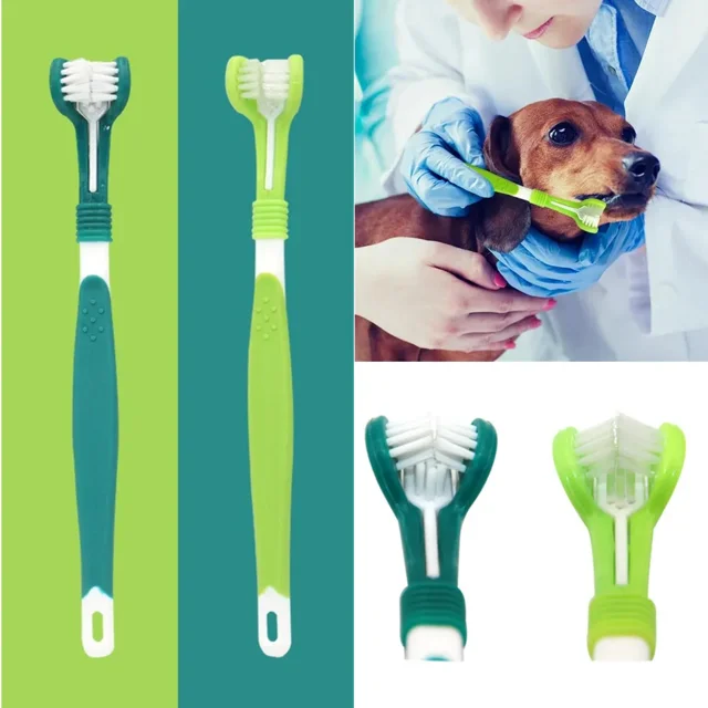 Cepillo de dientes de plástico de 3 caras para mascotas, eliminador de sarro de mal aliento, cuidado Dental para gatos