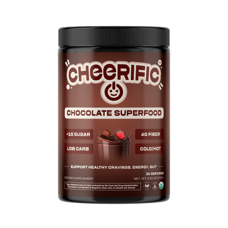Cheerific Dark Chocolate Superfood Powder - 17 Organic Superfoods + Prebiotic & Probiotics +More- Keto Friendly - Supports Positive Mood, Gut Health +More- Vegan, Gluten Free, Non-GMO - 30 Day Supply