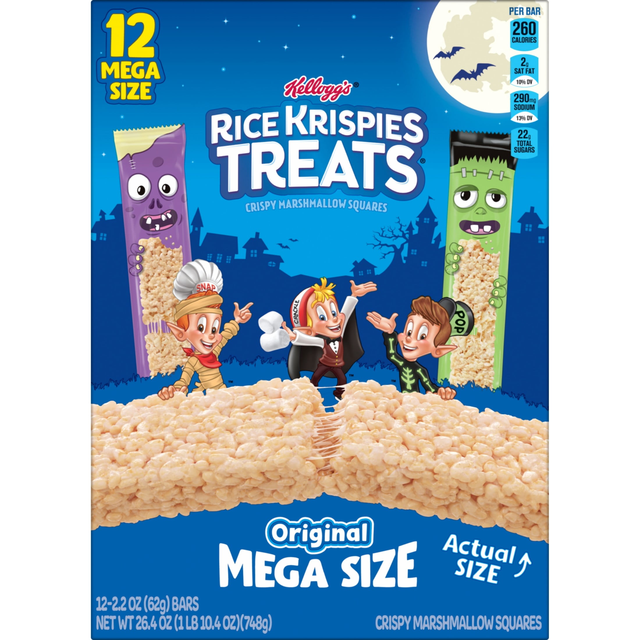 Rice Krispies Treats Original Chewy Crispy Large Marshmallow Squares, Halloween Snacks, 26.4 oz, 12 Count