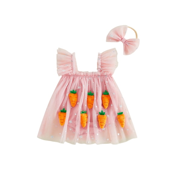 Spewahor Infant Baby Girls Easter Summer Outfits 1 3 6 9 12 18 Months Carrot Star Pattern Flying Sleeve Mesh Romper Dress with Bow Headband