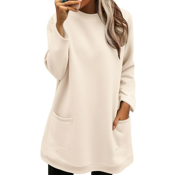 Long Sweatshirts for Women, Comdrip Sweatshirts for Women Comfort Hoodie for Anxiety Long Sleeve Winter Shirts Round Neck Casual Warm Cute Long Tops Sweatshirt Women Beige L