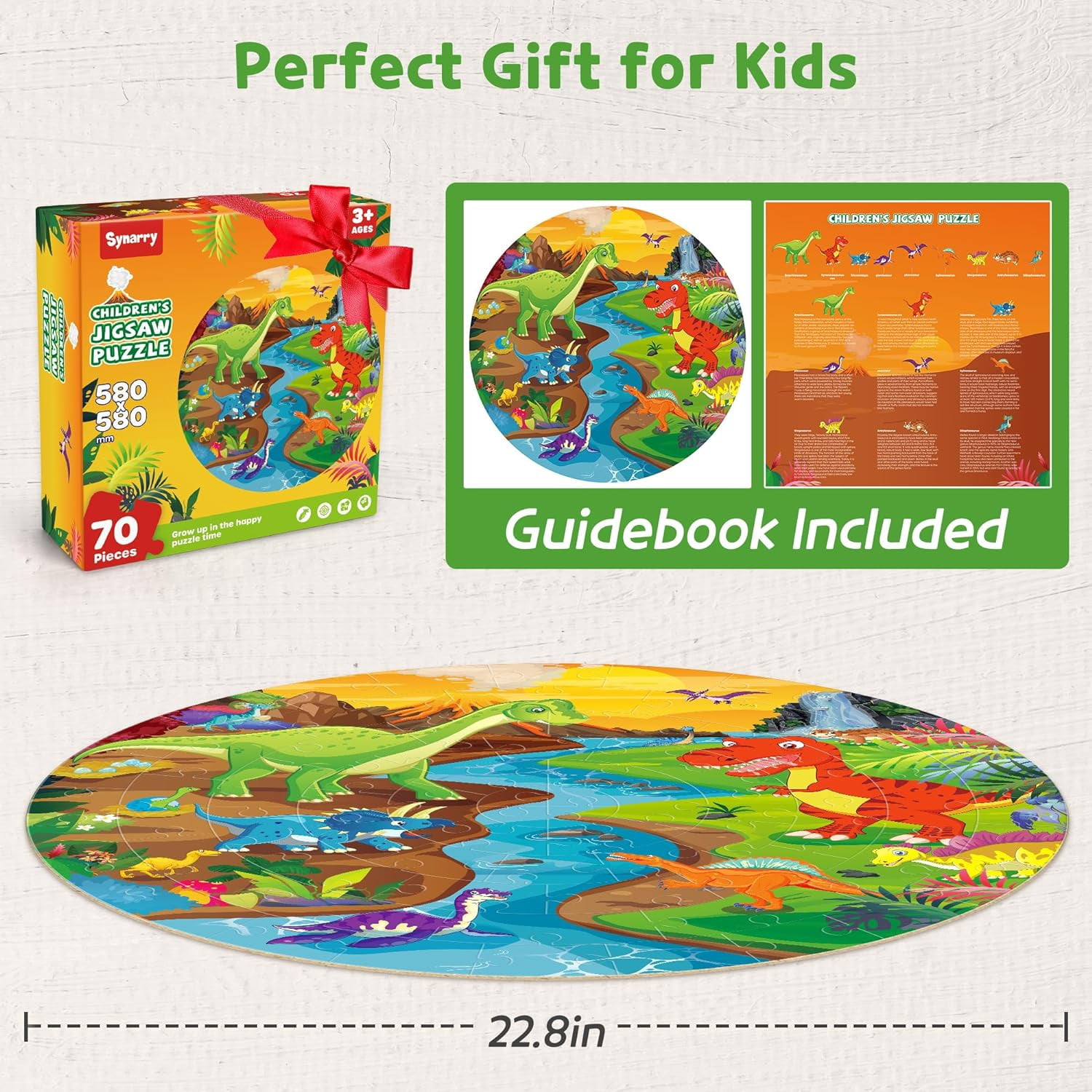 SYNARRY Dinosaur Floor Puzzle for Kids Age 3-8, 70-Piece Large Wooden Jigsaw Puzzle Set, FSC Certified Educational Puzzles