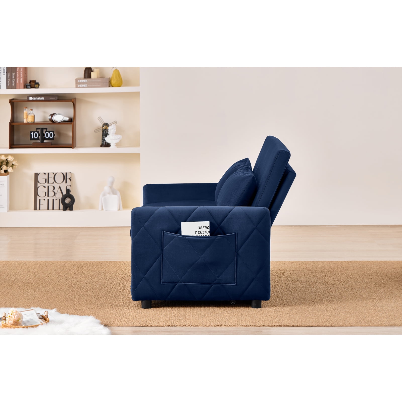 Leumius 3 in 1 Convertible Sleeper Sofa Bed, Modern Convertible Sofa Bed with 5-Position Adjustable Backrest,Velvet Pull Out Couch with Pull Out Bed for Living Room Furniture,Blue