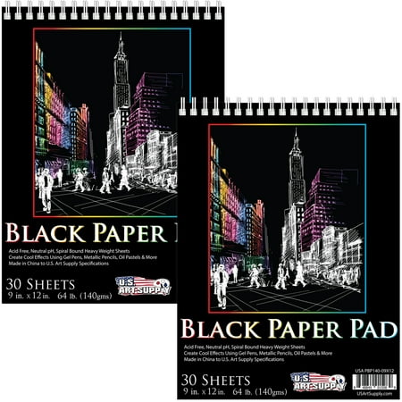 - US Art Supply 11 in. x 14 in. Premium Black Heavyweight Paper Spiral Bound Sketch Pad, 140gsm, 64 Pound, 30 Sheets