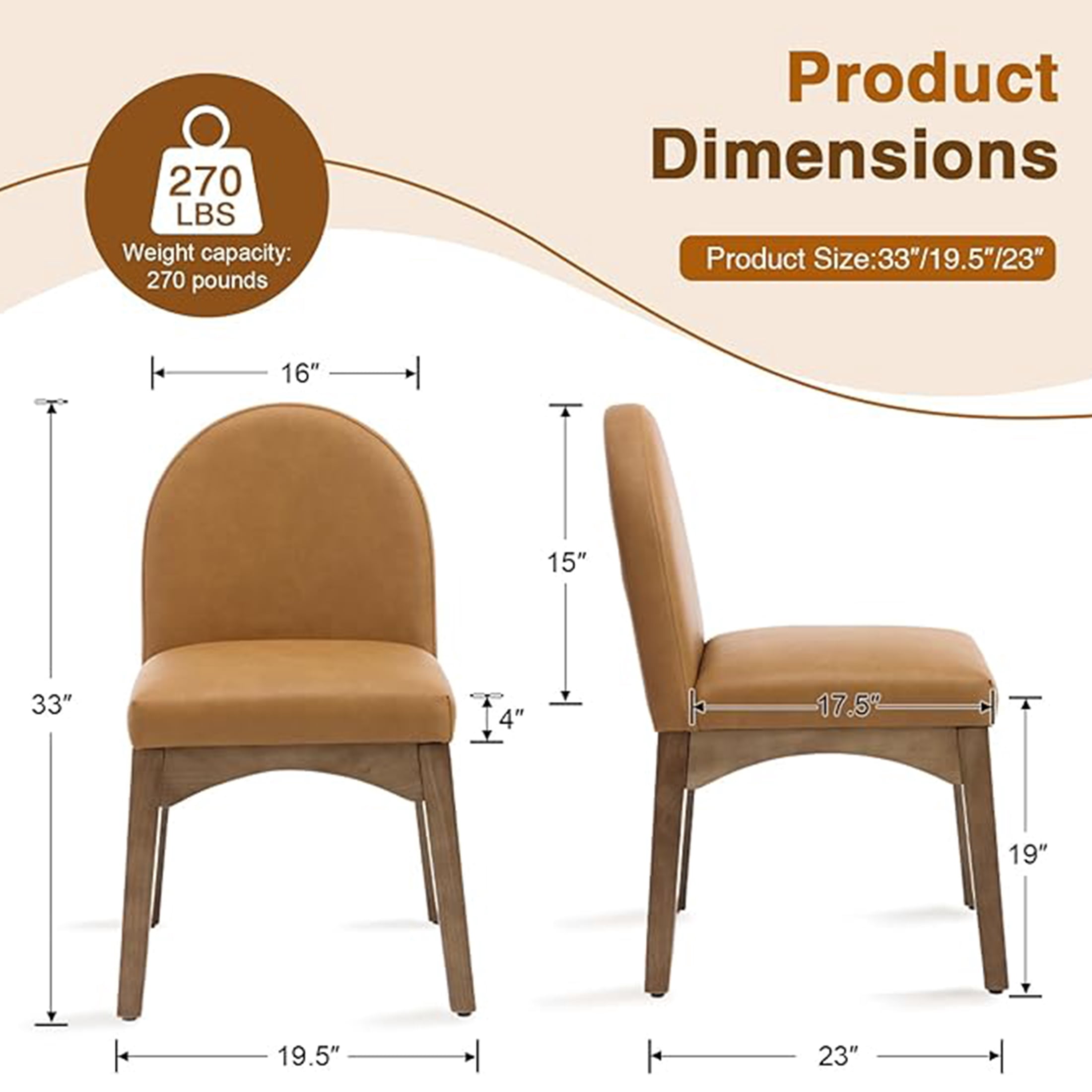 Guyou Modern Dining Chairs Set of 2, PU Upholstered Dining Room Chairs, Mid Century Wooden Kitchen Side Chairs for Dining Room, Kitchen, and Living Room, Brown