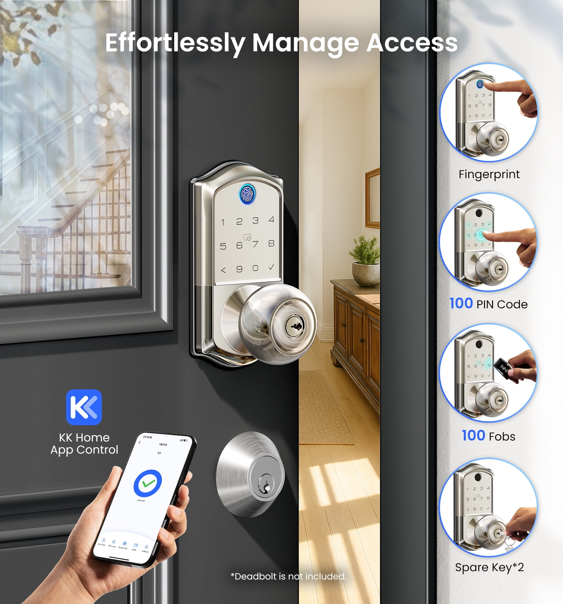 Veise Fingerprint Smart Knob Handle Lock, Keyless Entry, App Control, Electronic Digital Keypad, Remote Access Sharing, Auto Lock, Satin Nickel