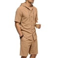 thumbnail image 5 of LEKWK Men Linen Sets Outfits 2 Piece Short Sleeve Button Down Hooded Tops and Elastic Waist Shorts Lightweight Loose Fit Summer Fashion Beach Vacation Wear, 5 of 9