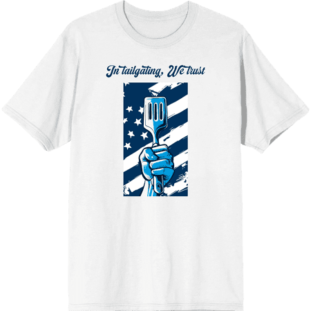In Tailgating We Trust American Flag And Spatula Adult White Crew Neck Short Sleeve Tee-XS