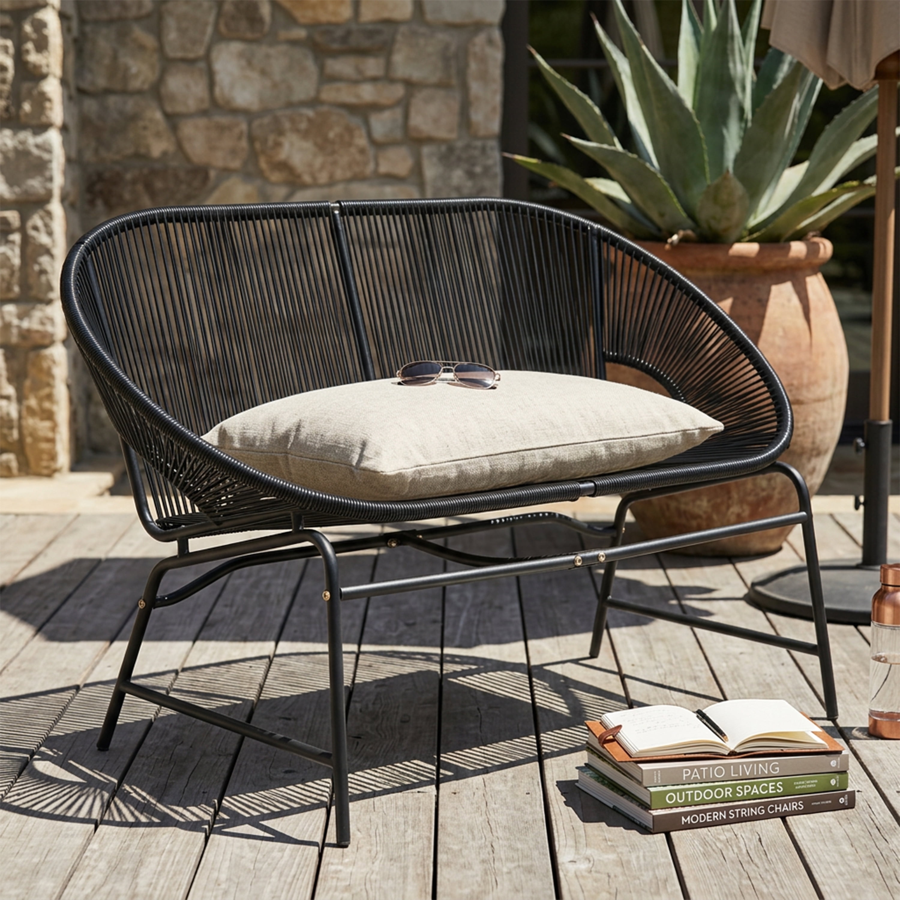 Outdoor PE Rattan Wicker Loveseat with Iron Frame for Porch Garden Balcony, Black