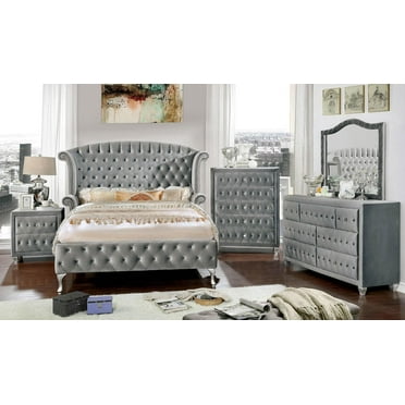 Glam Gray Solid Wood King Bedroom Set 5pcs FOA CM7150 Alzir
