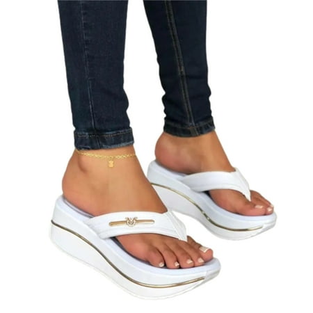 

Women Bulky Platform Slippers Casual Thongs Sandals PU Flat Heel Slide Shoes Ultra-Thick Sole Size 35-43 Woman Foot Wear Heightening Strappy Flip Flop 43 White