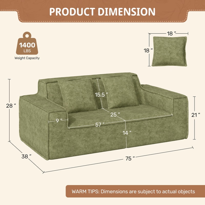 Hawsaiy 75" Pet-Friendly Cat-Scratch Fabric Loveseat Sofa with Wide Armrests & Removable Pillows, No Assembly Foam Couch, Vacuum Packed, High-Density Support, Green