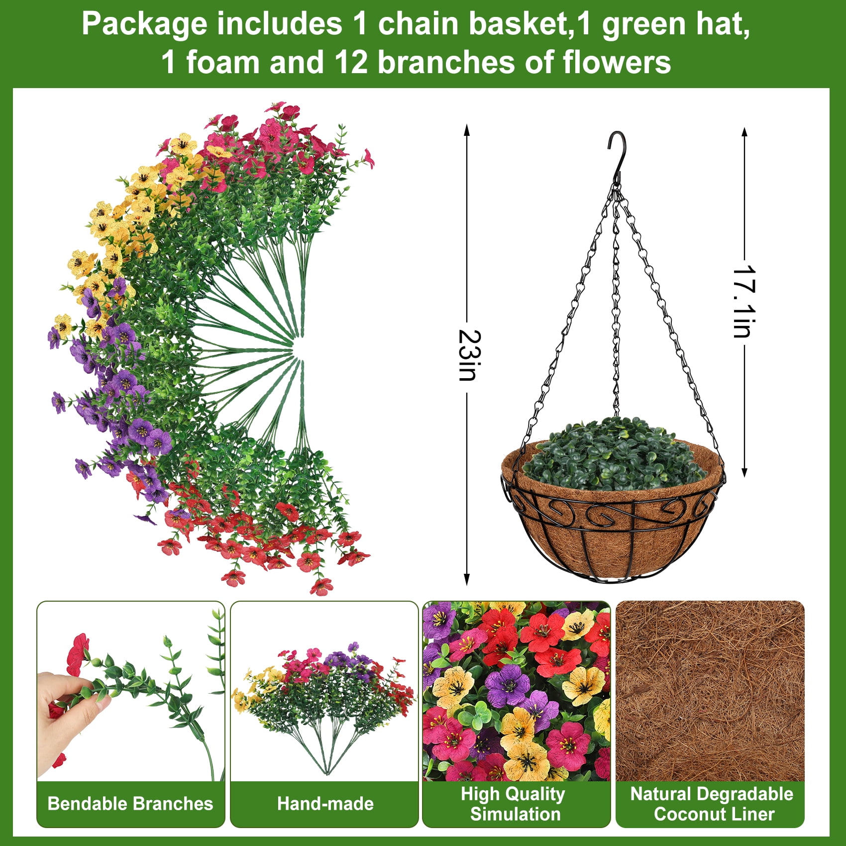 Scidweet Artificial Hanging Flowers, 12 Pcs Fake Flowers Faux Plants with Coconut Lining Basket for Outdoor Indoor Spring Summer Decoration for Home Garden