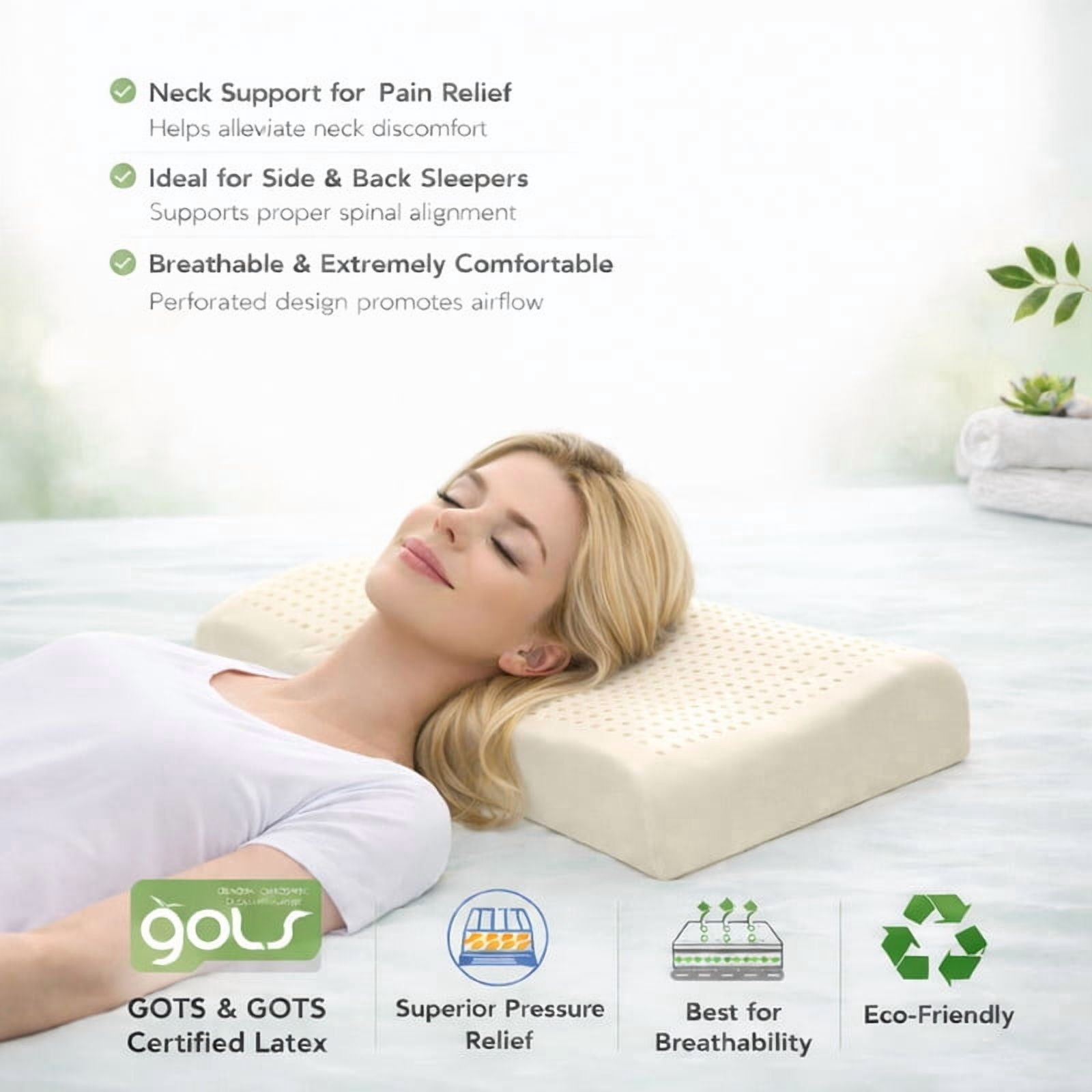 ORGANIC TEXTILES 100% Organic Latex Contour Pillow with Organic Cotton Cover - GOTS & GOLS Certified, Bed Pillow for Sleeping - (High Loft, Soft) - Pack of 1