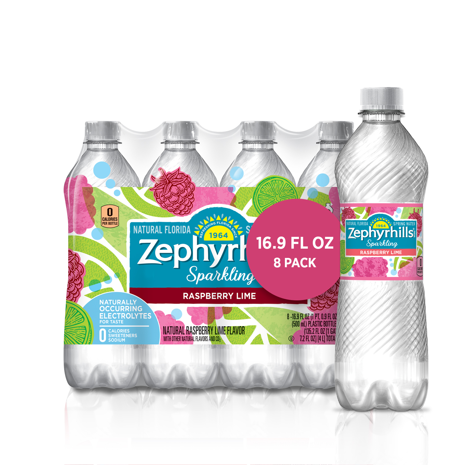 Zephyrhills Sparkling Water, Raspberry Lime, 16.9 oz. Bottles (8 Count