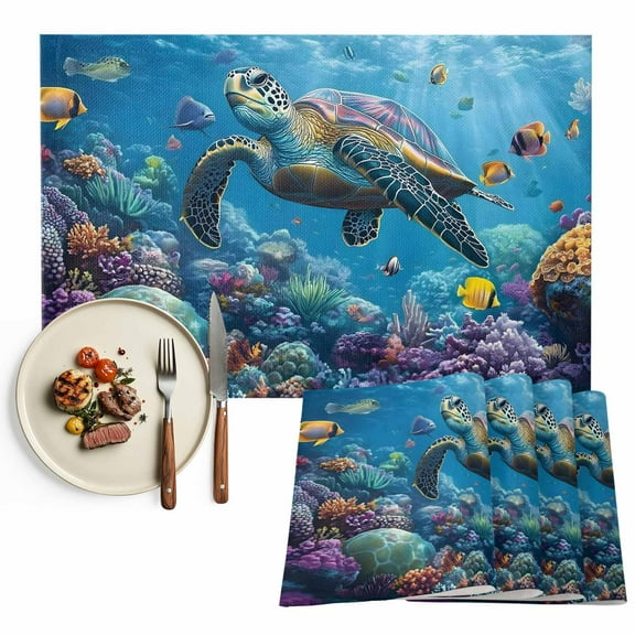 Tropical Coastal Placemats Set of 8, Ocean Sea Turtle Coral Fish Table Mats Washable Heat-Resistant Non-Slip Place Mats for Kitchen Dinner Table Indoor Outdoor Decor,13x19 Inch Blue