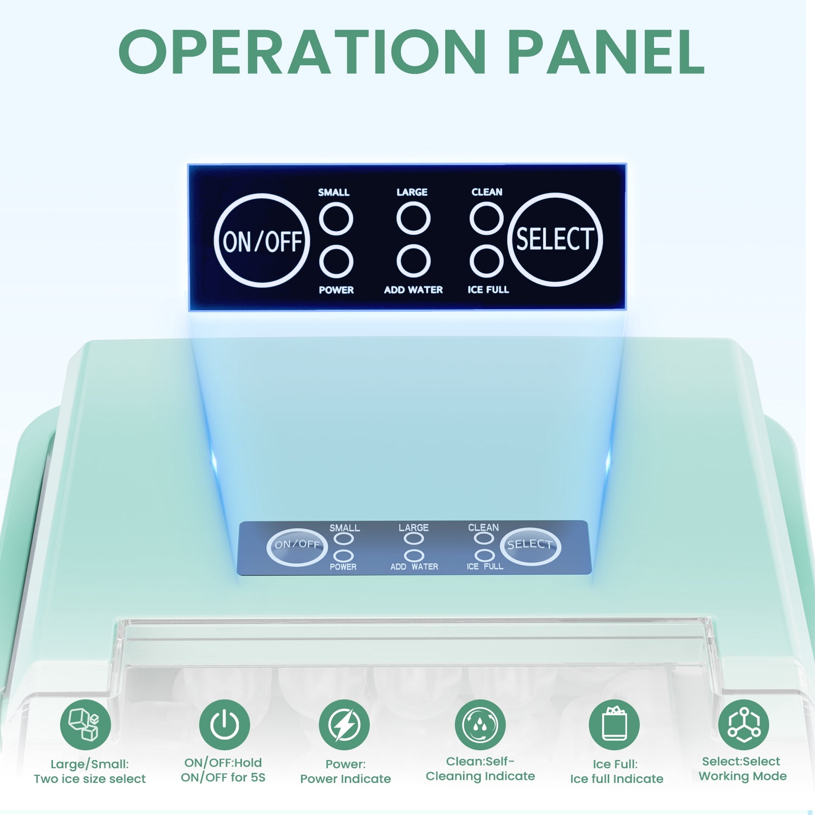 CONCETTA Countertop Ice Maker, Machine Self-Cleaning, 2 Sizes Bullet Ice, Portable Ice Machine with Ice Scoop, Basket and Handle, Green