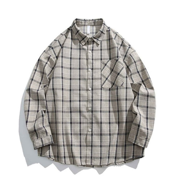 Mens Long Sleeve Flannel Shirt Oversized Lightweight Button Down Plaid Shirts Casual Loose Fit Blouse Khaki XL