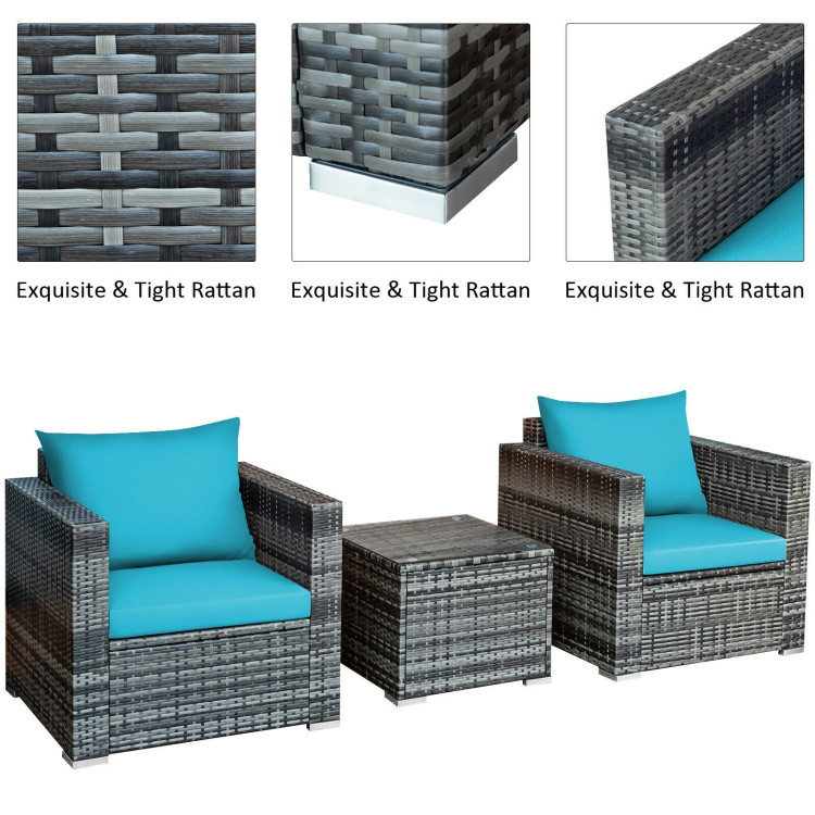 Aimee Lii 3 Pcs Patio Rattan Furniture Bistro Sofa Set with Cushioned, Modern Patio Furniture, Turquoise