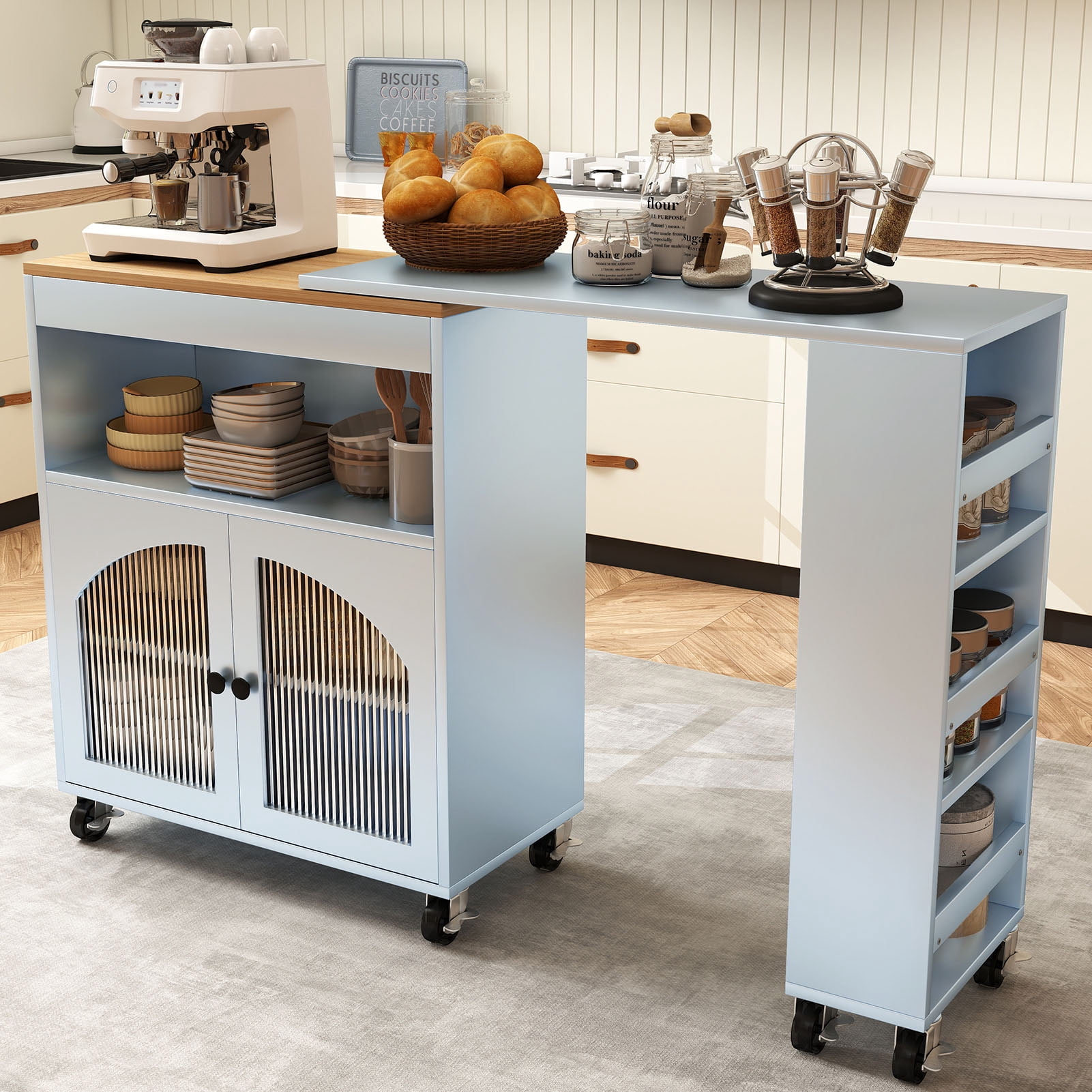 Kitchen Island, 2 Fluted Glass Doors MDF Lockable Wheels LED Light 2 USB Ports Kitchen Storage Cart  For Apartment