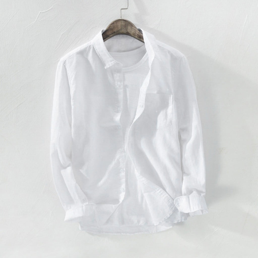 Daisyyozoid Kiplyki Wholesale Men s Baggy Solid Cotton Linen Long Sleeve Button Pocket Plus Size T Shirts White