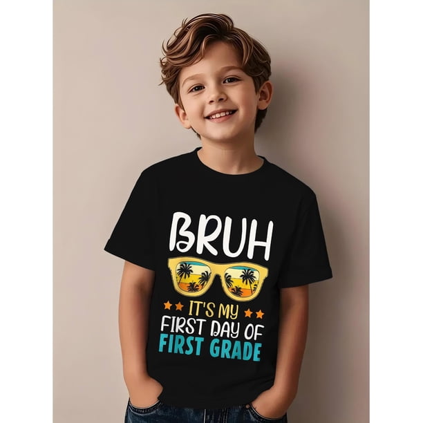 Bruh, This is My First Day of elementary School! Fun Back-to-School T-Shirt for Boys and Girls - Soft Breathable Black Short Sleeve Crew Neck Casual Top
