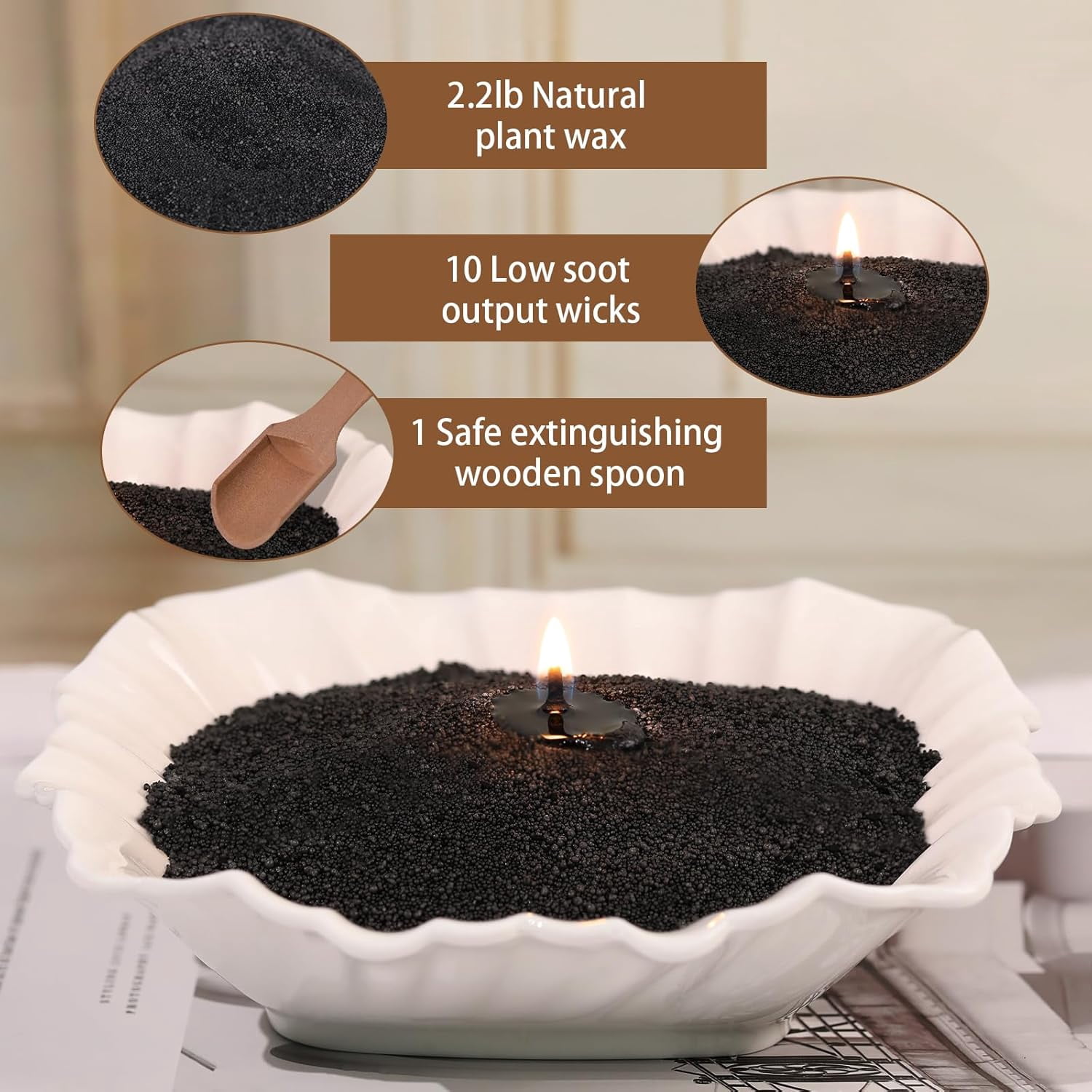 2.2lb/35OZ Candle Sand Wax- Unscented Black Sand Candle with 10 Wicks & Wooden Spoon, Non Toxic Natural Wax Beads, Refillable Making Kits for Powder Candle Making