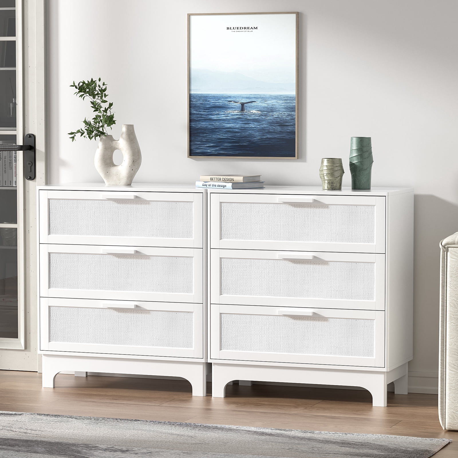 Eumyviv 3 Drawer Dresser, White Rattan Dresser for Bedroom Chest of Drawers for Living Room Bedroom, White H0151