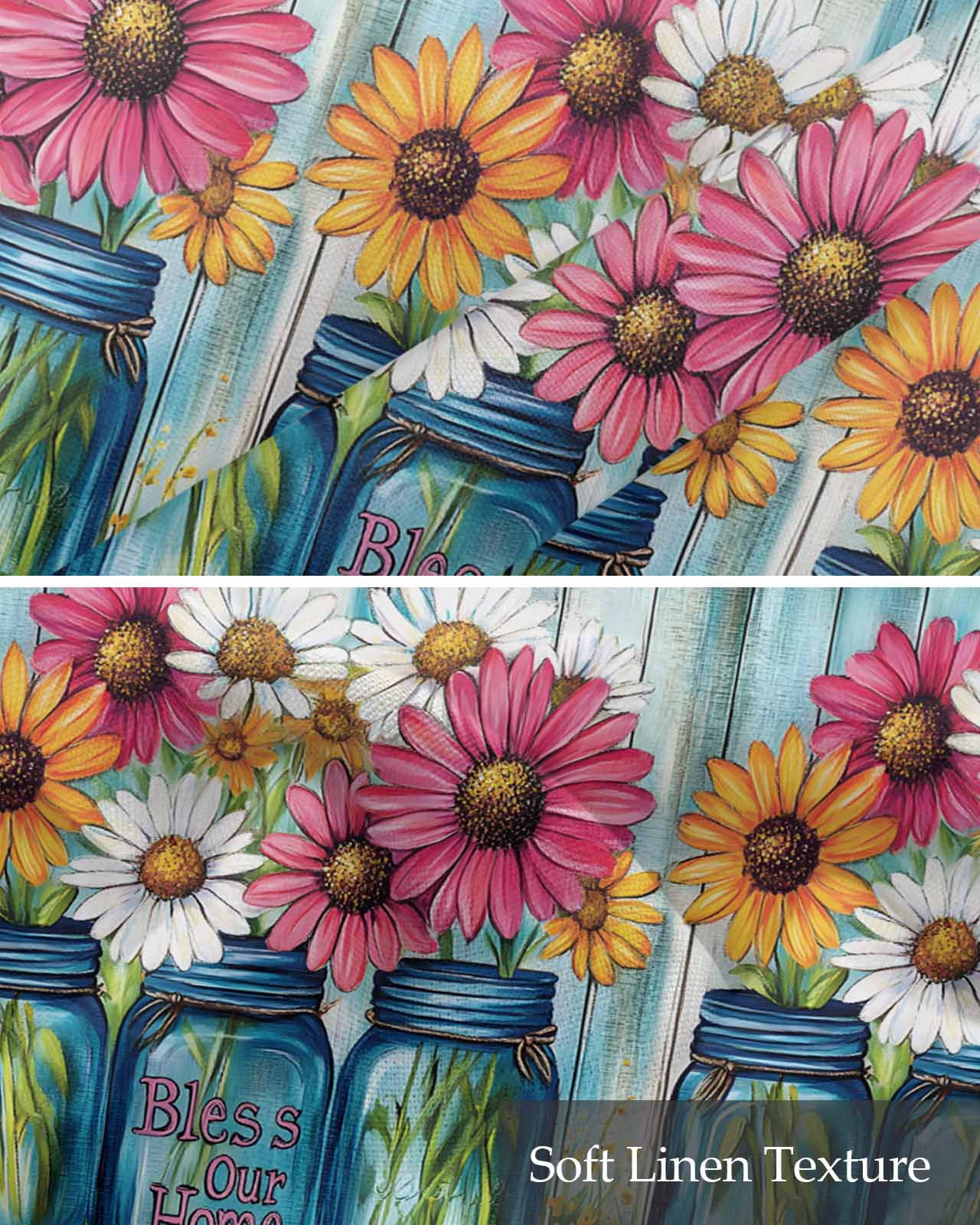Red White Daisy Kitchen Valances for Windows Farmhouse Linen Window Valance Curtain for Living Room Window Treatment Vintage Bottle Teal Wooden Grain Valance Rod Pocket Topper Drape, 60 x 18 Inch