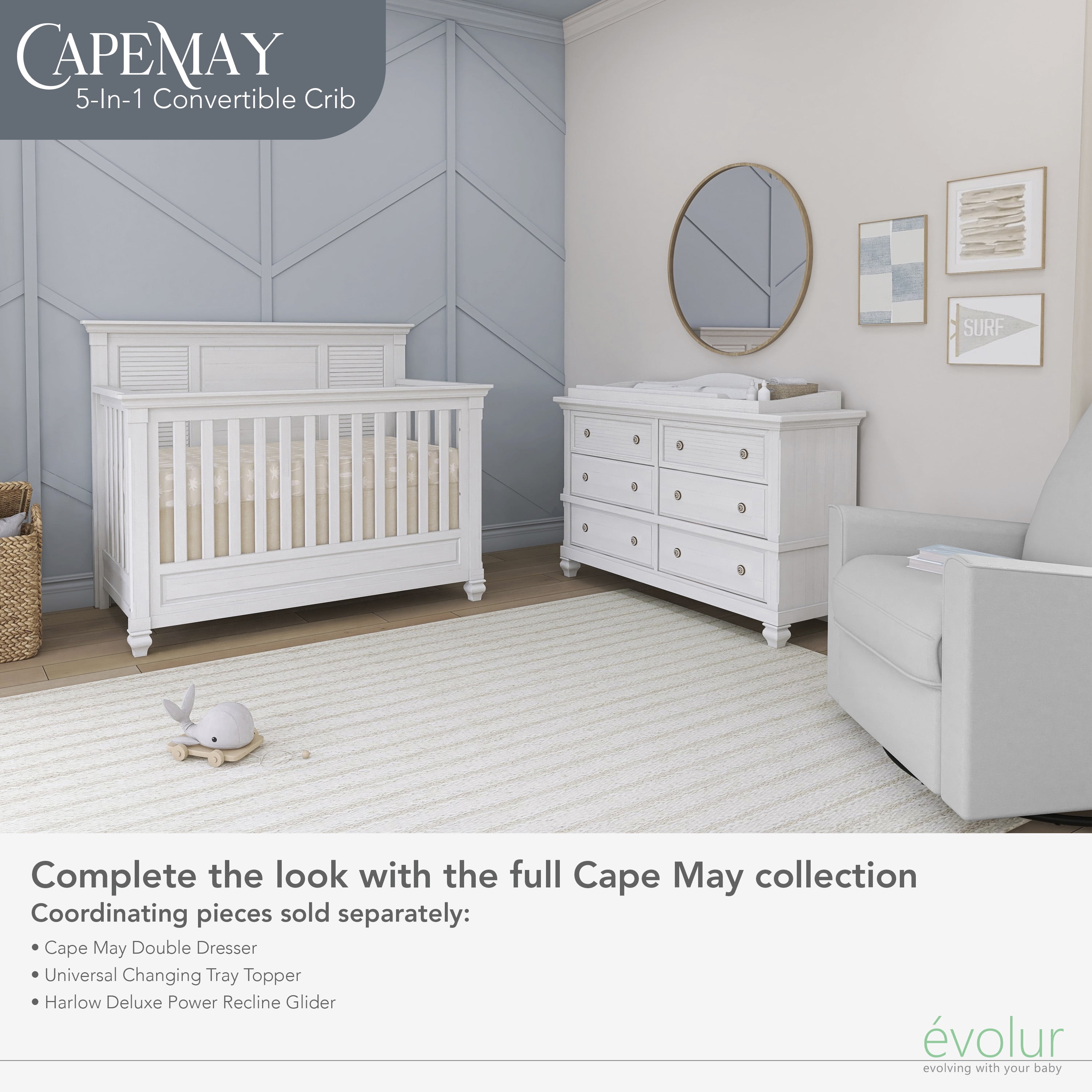 Evolur Signature Cape May 5-in-1 Full Panel Convertible Crib, White