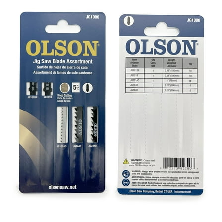 OLSON Jigsaw Blades, 5-Piece, 6-18 TPI, T-Shank, Wood Cutter Variety Pack Specialized Cuts (JG1000)