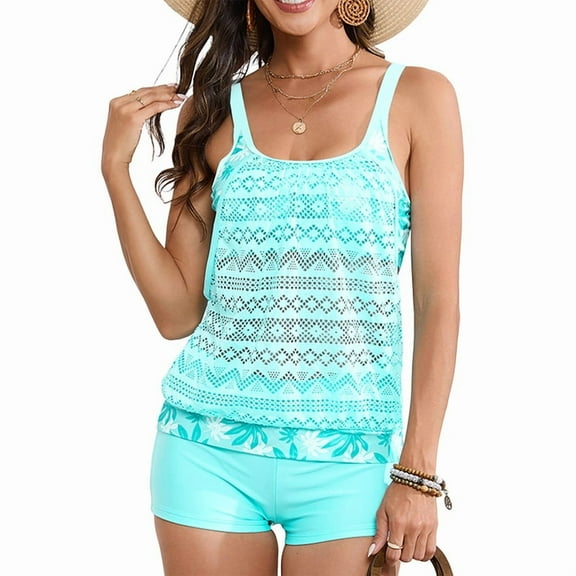 Two Piece Tankini Swimsuit for Women Tummy Control Bathing Suit with Boy Shorts Blouson Swimwear Blue S