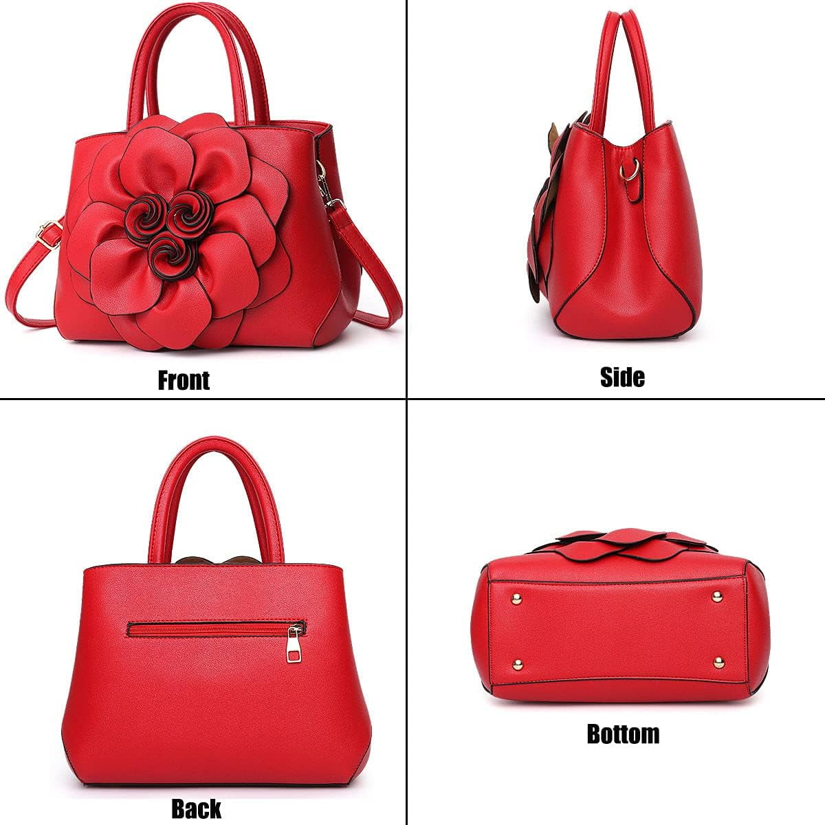 Womens PU Leather Handbags Purses Top-handle Totes Satchel Shoulder Bag for Ladies with Big flower