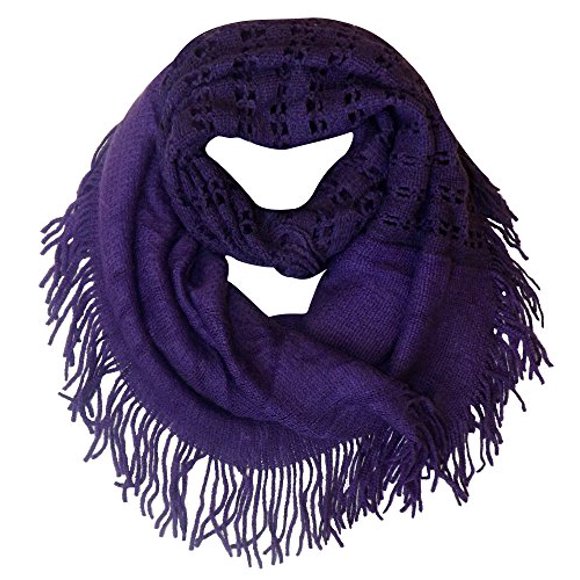 Peach Couture Warm Bohemian Crochet Hand Knitted Fringe Infinity Loop Scarf Wrap Purple Square