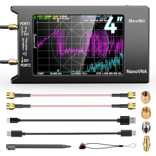 analizador vectorial de redes seesii nanovna-h4 v4.3 10khz-1.5ghz, vista frontal centrada de equipo portátil con pantalla táctil TFT 3.95" mostrando trazas S11 y S21 en morado y celeste; carcasa ABS negra, conectores SMA marcados PORT1/PORT2; incluye 2 cables RF RG316 15 cm, cable USB-C, kits de calibración SMA y antena pequeña; suitable para análisis de antenas y mediciones de RF en campo.